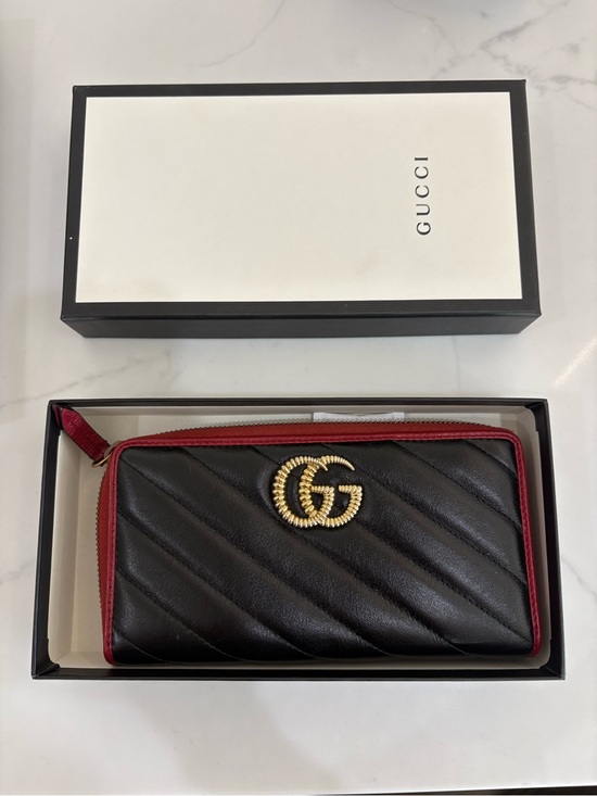 Gucci Accessories - Gucci Black Quilted Leather Zip Wallet with Red Trim and Gold GG